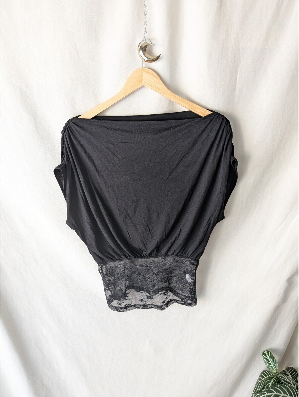 Milk + Honey Black Batwing Top With Lace Hem XS